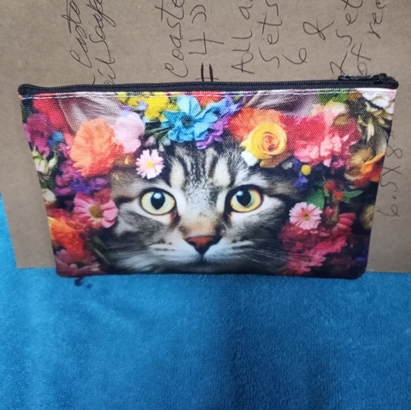 Floral Cat Print Makeup Pouch Cosmetic Bag - Picture 1 of 2